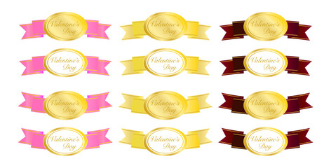 ピンクやワインレッド、ゴールドのリボン付き金メダルが並ぶバレンタインセール向けラベル素材集 © GoodLuckDesigns