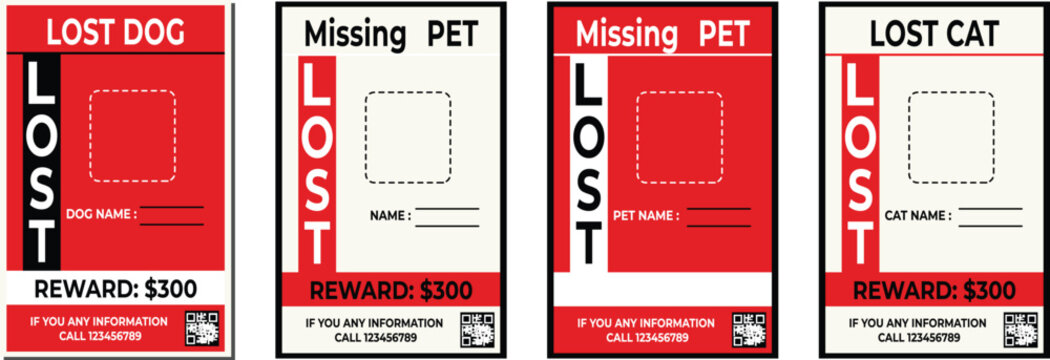 Lost pet posters reward vector illustration flat design missing dog cat flyer template scalable art