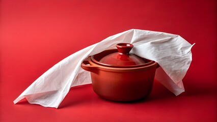 Red pot covered with tissue on red background.
