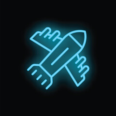 Fototapeta premium Neon blue airplane icon glowing against a black background, representing concepts of travel, aviation, and transportation