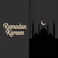 Eid Mubarak greeting card with a mosque silhouette city background and crescent moon in a clean vector illustration style