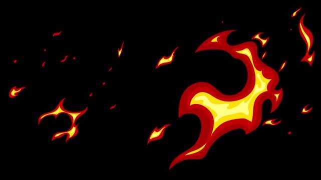 Dynamic Cartoon Fire Animation with Glowing Embers on Black Background.