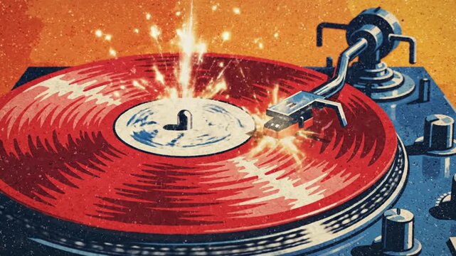 Retro turntable with red vinyl record and distressed texture