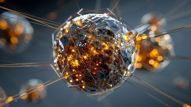 Abstract global resource security visualization using rare earth elements, luminous mineral cores forming protective geometric structures, minimal composition, controlled contrast lighting, modern 