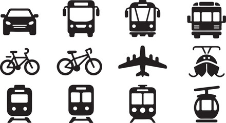 Black Transportation Silhouette Icon Set Flat Vector Illustration, black and white silhouette, vector and illustration  © 69creativedesigner