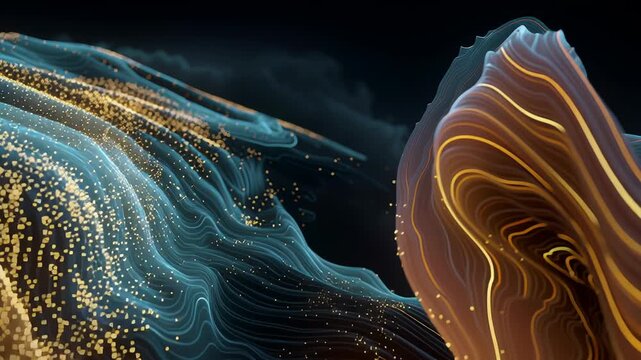 Abstract global technology demand visualization using rare earth elements, luminous mineral streams forming upward market and technology curves, minimal composition, controlled contrast lighting