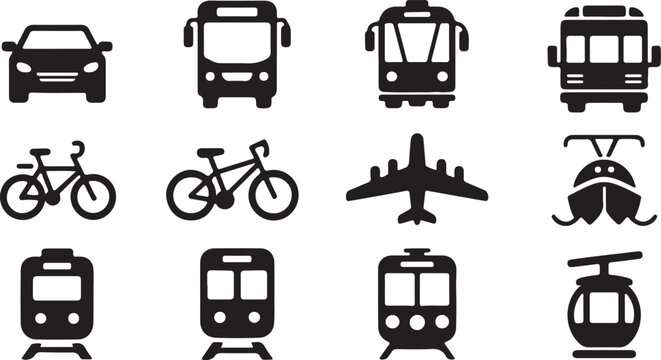 Black Transportation Silhouette Icon Set Flat Vector Illustration, black and white silhouette, vector and illustration	
