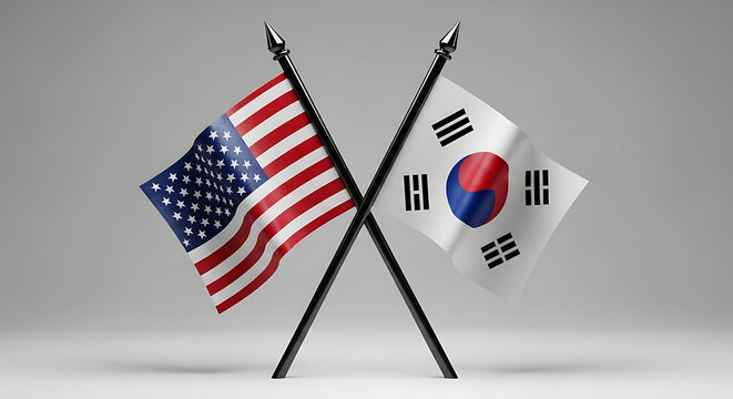 us and south korea flags crossed symbolizing a strong alliance and diplomatic partnership ideal for international relations content.