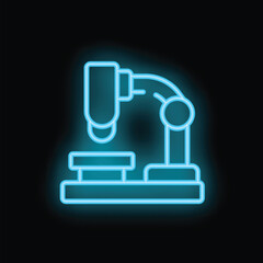 Fototapeta premium Glowing blue neon icon of a microscope on a black background, perfect for scientific or medical themes