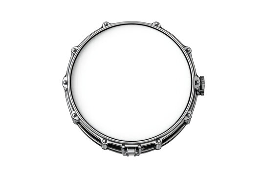 Top view of a snare drum with a white head and chrome hardware against a black background