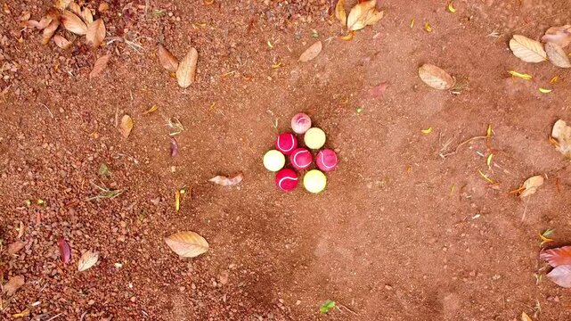 Top-down bird's-eye view of seven colorful tennis balls arranged in a cluster on a textured dirt ground scattered with dry autumn leaves. Subtle zoom enhances the earthy, organic aesthetic.