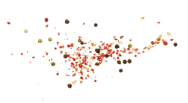 Colorful pepper flying isolated on white background, clipping path