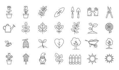 Editable stroke line icons of gardening and leaves for adverts and books