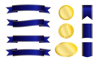 ネイビーブルーの光沢リボンと金メダルの組み合わせによる格式高いバッジデザイン集 © GoodLuckDesigns