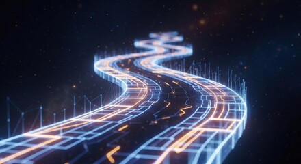 Futuristic digital highway with glowing lines and data visualization.