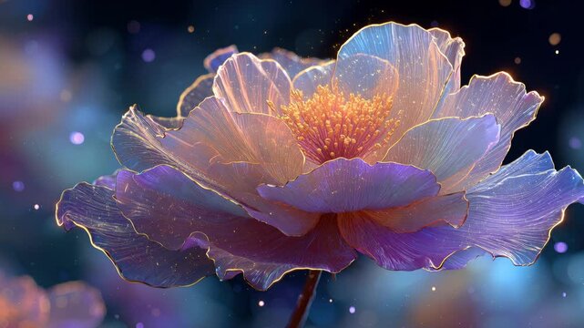 Magical flower unfurling petals with radiant particles, cosmic bloom, celestial blossom, flora, glowing petal animation, digital art, dreamlike scene.