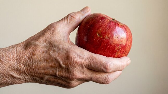 Elderly person's wrinkled hand holding a fresh red apple.