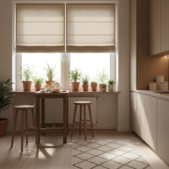 Beige roller blind on windows in stylish modern kitchen. Shutters on the plastic window.