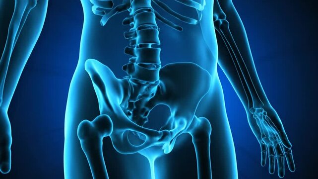 Medical Animation of Human Skeleton Anatomy on Blue Background Showing Hip and Arm Bones Used in Education or Campaign