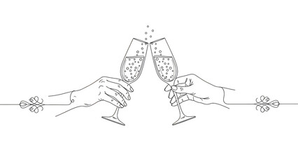 Fototapeta premium Continuous Line Art Of Champagne Toast On Black Background