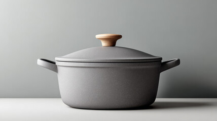 Minimalist grey kitchen pot with wooden handle on white surface