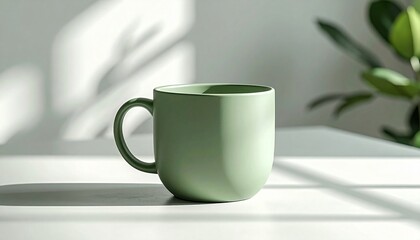 Sage Green Ceramic Coffee Mug Mockup in Minimalist Sunlit Workspace