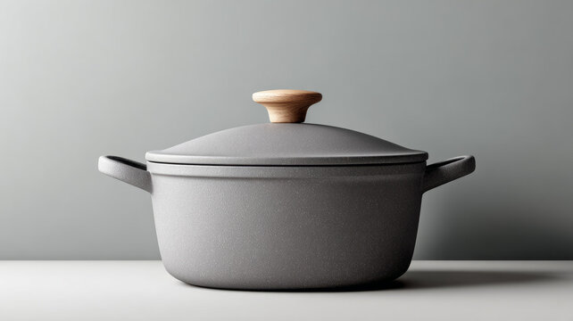 Minimalist grey kitchen pot with wooden handle on white surface