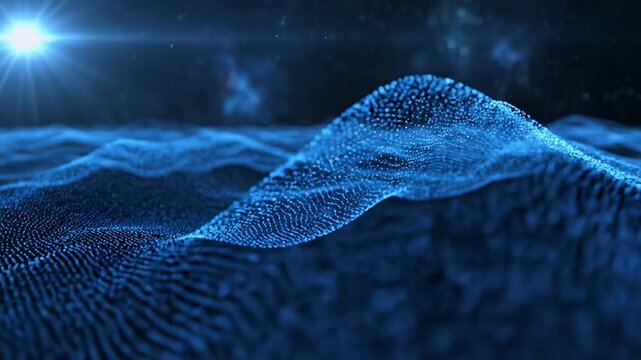 Abstract blue digital wave pattern with bright light flare in dark background.