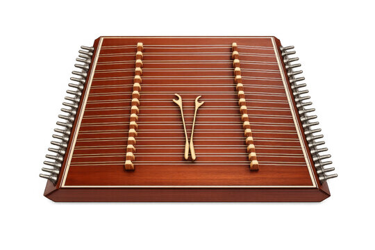 Traditional hammered dulcimer with wooden beaters on a dark background