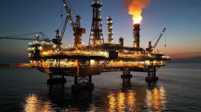 Ultra realistic offshore energy production video oil drilling platform illuminated at dusk tall flare stack burning excess gas orange flame contrasting dark sky complex industrial structure visible st