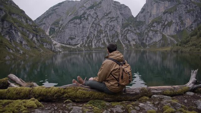 Male tourist and traveler sits by lake. Hiker rests alone with backpack. Explorer and trekker enjoys mountain view. Senior adult backpacker finds peace. Man traveler on mountain trail.