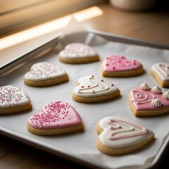 Fototapeta premium Heart-shaped sugar cookies on a baking sheet, featuring pink and white icing with sprinkles, creating a sweet and lovely pattern for celebrations