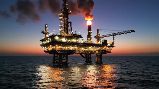 Dramatic cinematic video of an offshore oil drilling platform at dusk industrial lights glowing steel frameworks visible flare stack releasing bright flame ocean waves reflecting orange fire light slo