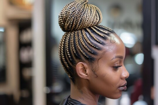 An African American woman shows off a cornrow updo in a salon. She sits in a stylist chair with the focus on her hair. The setting has bright lights and tools