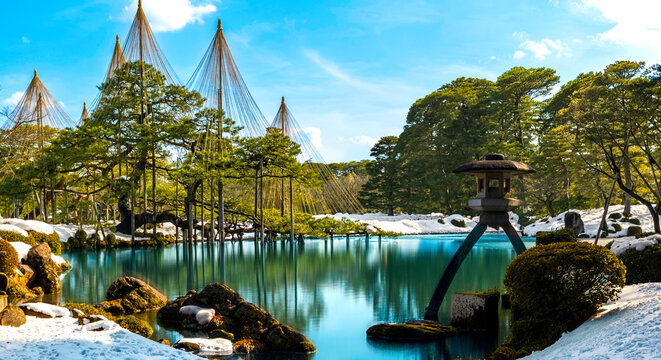 Gyokusen‑inmaru Garden landscape with yukitsuri, or snow hanging using a central bamboo pole with ropes attached to branches, and a stone lantern, or Kotoji‑tōrō, in Kanazawa, Ishikawa, Japan.