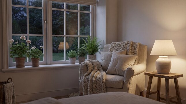 Modern digital illustration of a cozy residential interior by a large window, visible chair and small table, natural fabric blanket and pillows, flowers on windowsill, warm evening lamp light
