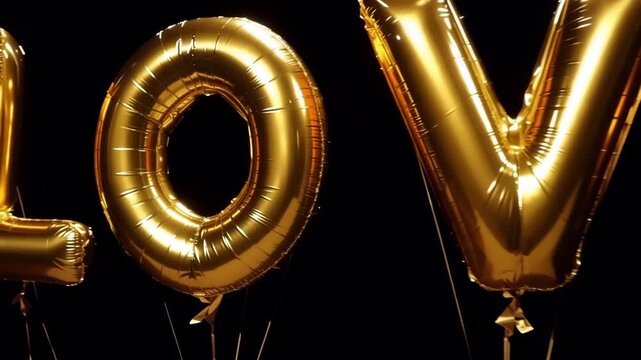 word LOVE in gold balloons on a black background