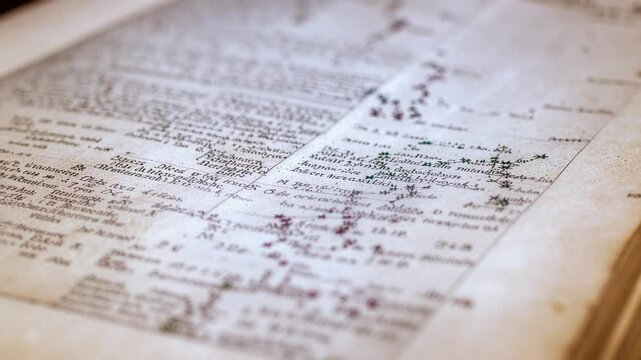Close-up view of an old, detailed handwritten document with numerous small markings and text.