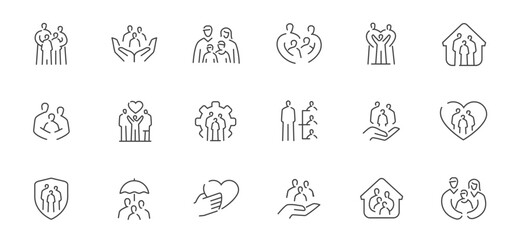 Family, care and protection line icons. Linear style symbols vector collection for healthcare, insurance