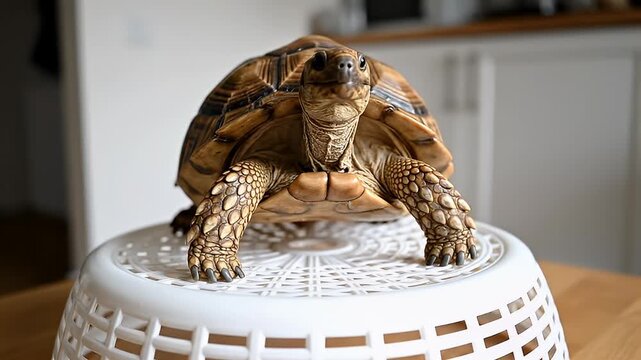 Slow moving tortoise on white plastic container video footage.