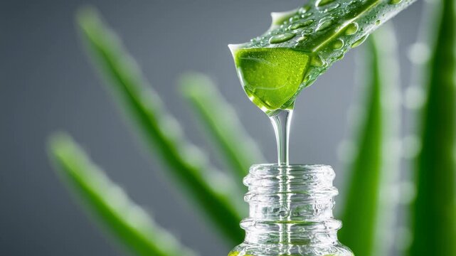 Fresh aloe vera gel dripping into glass container, natural skincare  ingredient, botanical extract, soothing gel, plant based remedy, organic  beauty product.