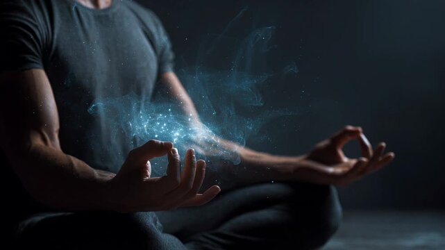 Person in meditation pose channeling ethereal blue energy, spiritual awakening, cosmic energy manifestation, hands glowing with particles, mystical aura, inner power activation.