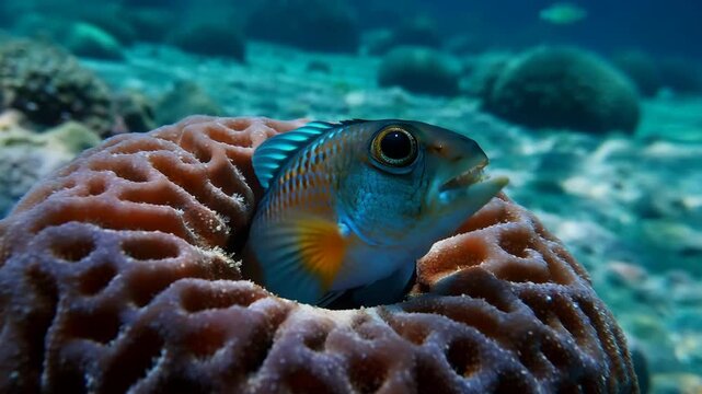 Close up of a blenny fish resting inside a coral head underwater marine life habitat scenery