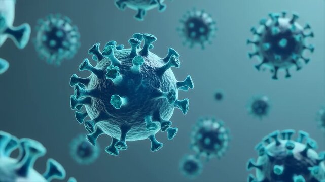 Microscopic view of Nipah virus particles. The image illustrates viral structures in blue against a soft-focus background, highlighting virology and pandemic prevention themes