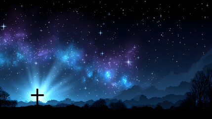 Naklejka premium Cross stands, beacon of Spiritual Hope, beneath magnificent Night Sky. Twinkling Stars illuminate vibrant Galaxy, from which Divine Light radiates with gentle Glow.