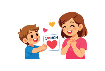 kid presenting handmade heart card to mom mothers day gift symbol clean shapes. colored flat icon vector illustration
