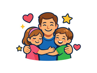 Obraz premium group hug with dad middle and kids on both sides heart and strong family bond clean shapes. colored flat icon vector illustration