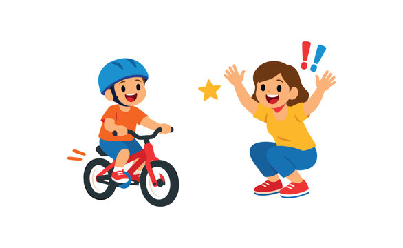 kid riding bicycle without training wheels for first time parent cheering memorable success clean shapes. colored flat icon vector illustration