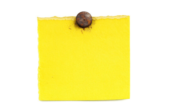 Yellow crumpled paper note pinned with rusty nail on transparent background, blank space for message