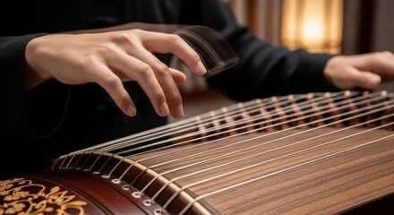 Woman playing traditional Chinese musical instrument.